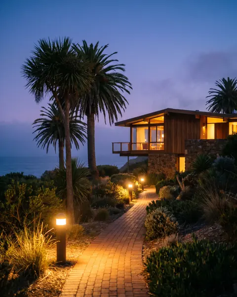 A Northern Beaches home lit up at dusk